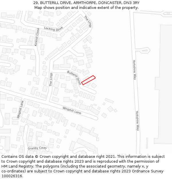 29, BUTTERILL DRIVE, ARMTHORPE, DONCASTER, DN3 3RY: Location map and indicative extent of plot