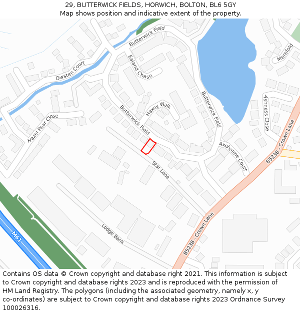 29, BUTTERWICK FIELDS, HORWICH, BOLTON, BL6 5GY: Location map and indicative extent of plot