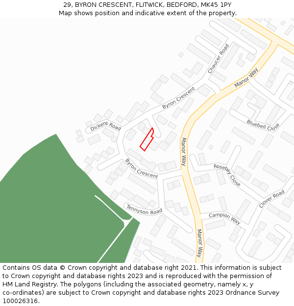 29, BYRON CRESCENT, FLITWICK, BEDFORD, MK45 1PY: Location map and indicative extent of plot