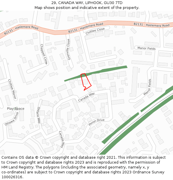 29, CANADA WAY, LIPHOOK, GU30 7TD: Location map and indicative extent of plot