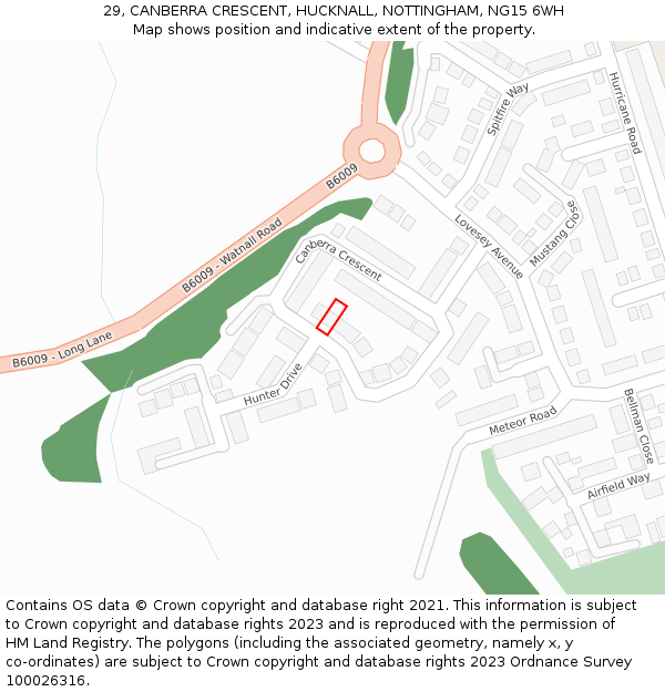 29, CANBERRA CRESCENT, HUCKNALL, NOTTINGHAM, NG15 6WH: Location map and indicative extent of plot