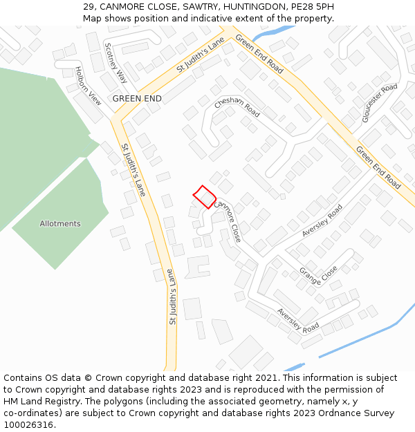 29, CANMORE CLOSE, SAWTRY, HUNTINGDON, PE28 5PH: Location map and indicative extent of plot