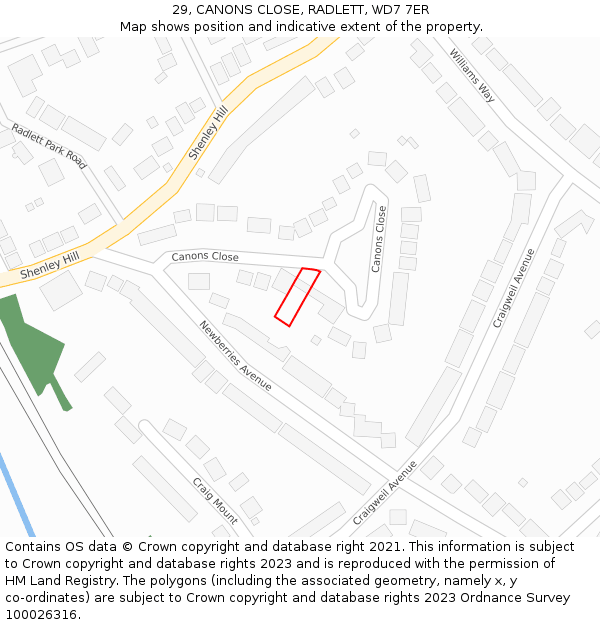 29, CANONS CLOSE, RADLETT, WD7 7ER: Location map and indicative extent of plot