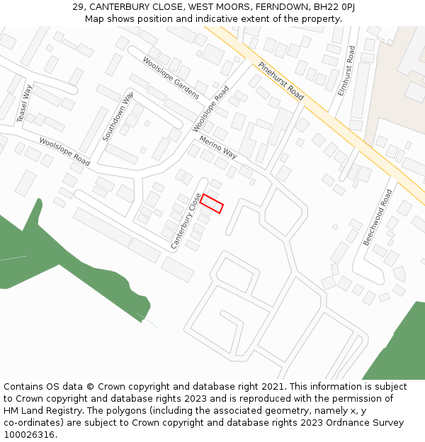 29, CANTERBURY CLOSE, WEST MOORS, FERNDOWN, BH22 0PJ: Location map and indicative extent of plot