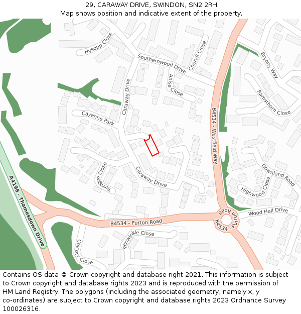 29, CARAWAY DRIVE, SWINDON, SN2 2RH: Location map and indicative extent of plot