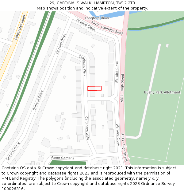 29, CARDINALS WALK, HAMPTON, TW12 2TR: Location map and indicative extent of plot