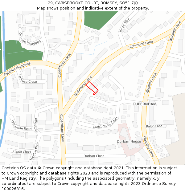 29, CARISBROOKE COURT, ROMSEY, SO51 7JQ: Location map and indicative extent of plot