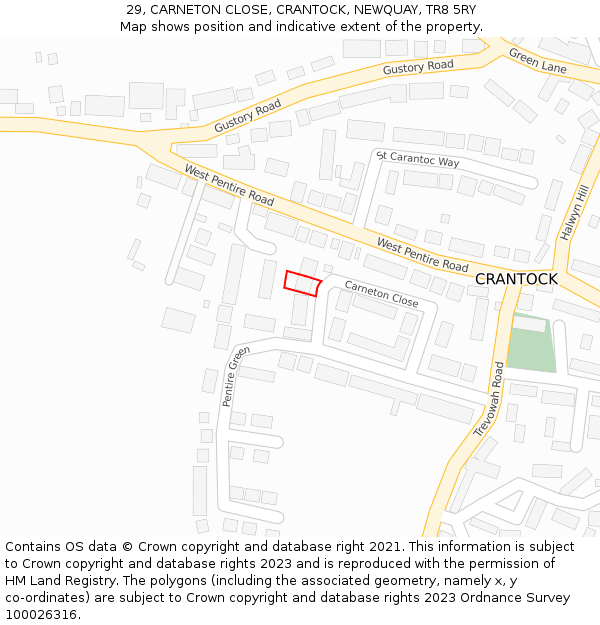 29, CARNETON CLOSE, CRANTOCK, NEWQUAY, TR8 5RY: Location map and indicative extent of plot