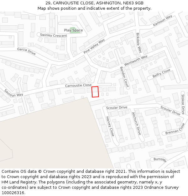 29, CARNOUSTIE CLOSE, ASHINGTON, NE63 9GB: Location map and indicative extent of plot