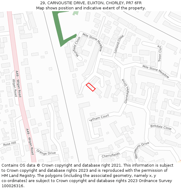29, CARNOUSTIE DRIVE, EUXTON, CHORLEY, PR7 6FR: Location map and indicative extent of plot