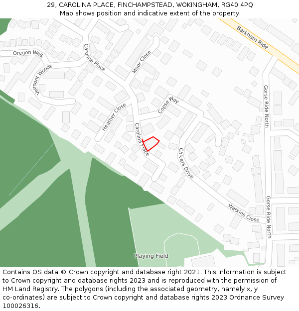 29, CAROLINA PLACE, FINCHAMPSTEAD, WOKINGHAM, RG40 4PQ: Location map and indicative extent of plot