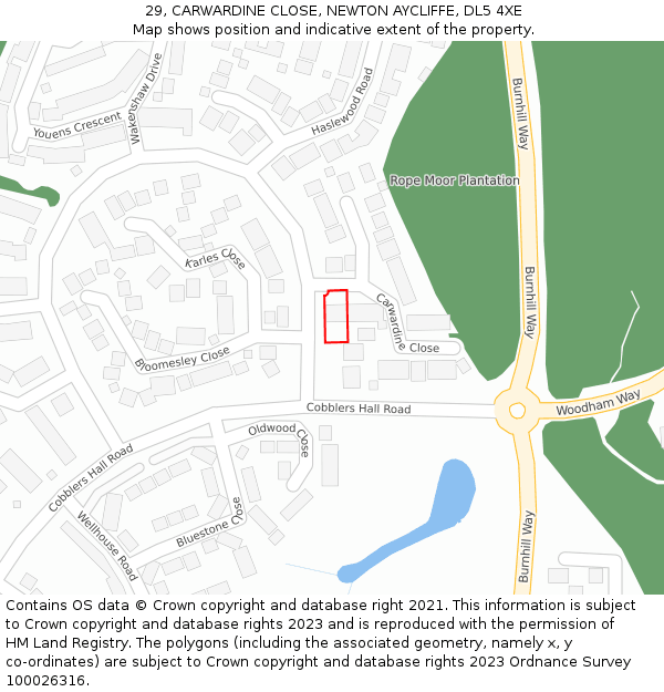 29, CARWARDINE CLOSE, NEWTON AYCLIFFE, DL5 4XE: Location map and indicative extent of plot