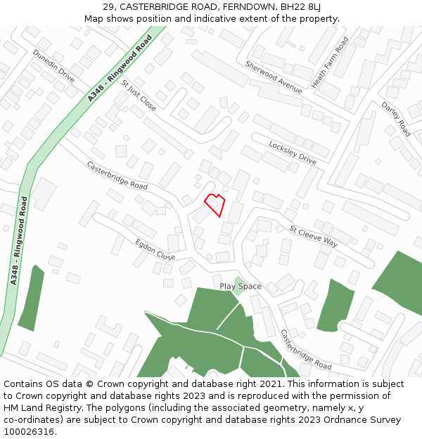 29, CASTERBRIDGE ROAD, FERNDOWN, BH22 8LJ: Location map and indicative extent of plot