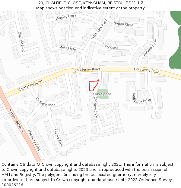 29, CHALFIELD CLOSE, KEYNSHAM, BRISTOL, BS31 1JZ: Location map and indicative extent of plot