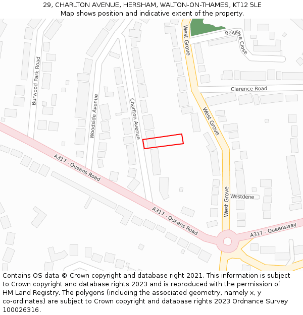29, CHARLTON AVENUE, HERSHAM, WALTON-ON-THAMES, KT12 5LE: Location map and indicative extent of plot