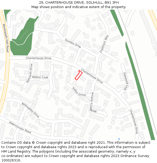 29, CHARTERHOUSE DRIVE, SOLIHULL, B91 3FH: Location map and indicative extent of plot