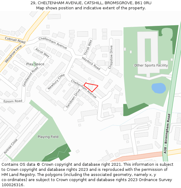 29, CHELTENHAM AVENUE, CATSHILL, BROMSGROVE, B61 0RU: Location map and indicative extent of plot