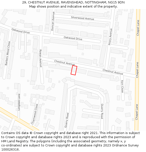 29, CHESTNUT AVENUE, RAVENSHEAD, NOTTINGHAM, NG15 9DN: Location map and indicative extent of plot
