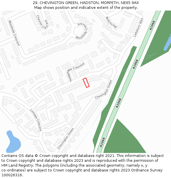 29, CHEVINGTON GREEN, HADSTON, MORPETH, NE65 9AX: Location map and indicative extent of plot