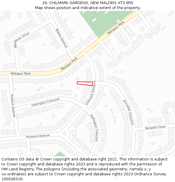 29, CHILMARK GARDENS, NEW MALDEN, KT3 6RS: Location map and indicative extent of plot