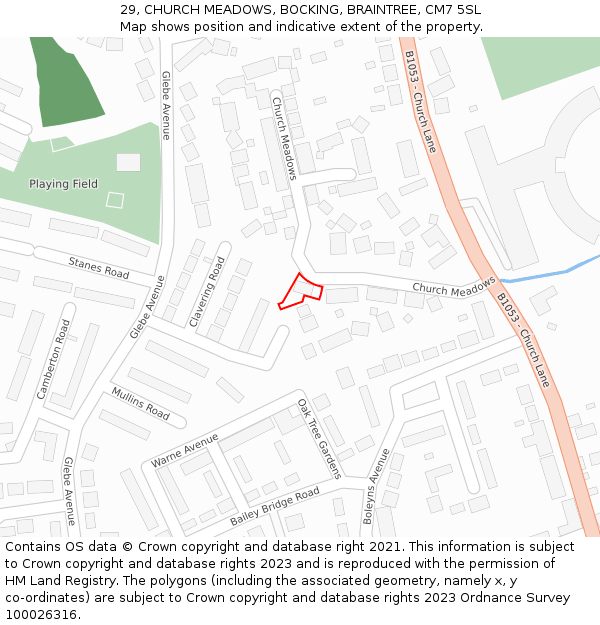 29, CHURCH MEADOWS, BOCKING, BRAINTREE, CM7 5SL: Location map and indicative extent of plot