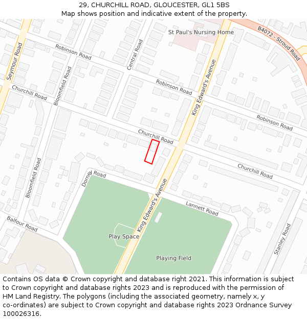 29, CHURCHILL ROAD, GLOUCESTER, GL1 5BS: Location map and indicative extent of plot