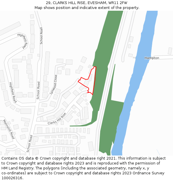 29, CLARKS HILL RISE, EVESHAM, WR11 2FW: Location map and indicative extent of plot