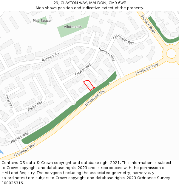 29, CLAYTON WAY, MALDON, CM9 6WB: Location map and indicative extent of plot