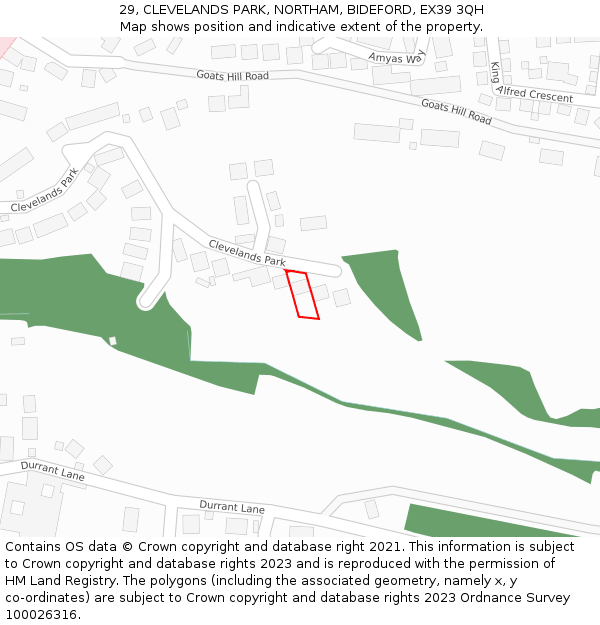 29, CLEVELANDS PARK, NORTHAM, BIDEFORD, EX39 3QH: Location map and indicative extent of plot