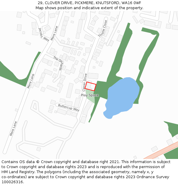 29, CLOVER DRIVE, PICKMERE, KNUTSFORD, WA16 0WF: Location map and indicative extent of plot