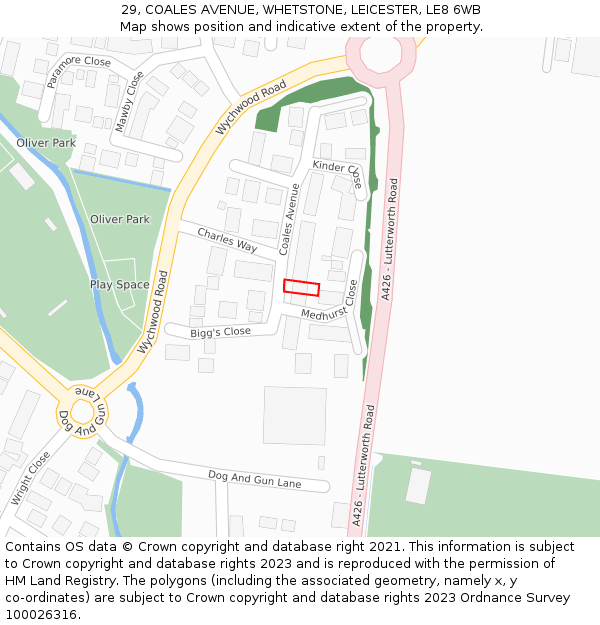 29, COALES AVENUE, WHETSTONE, LEICESTER, LE8 6WB: Location map and indicative extent of plot