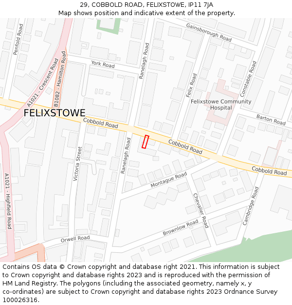 29, COBBOLD ROAD, FELIXSTOWE, IP11 7JA: Location map and indicative extent of plot