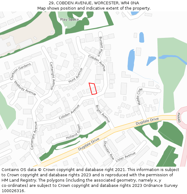 29, COBDEN AVENUE, WORCESTER, WR4 0NA: Location map and indicative extent of plot