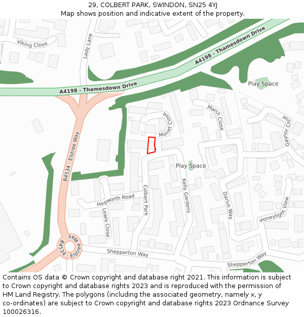 29, COLBERT PARK, SWINDON, SN25 4YJ: Location map and indicative extent of plot