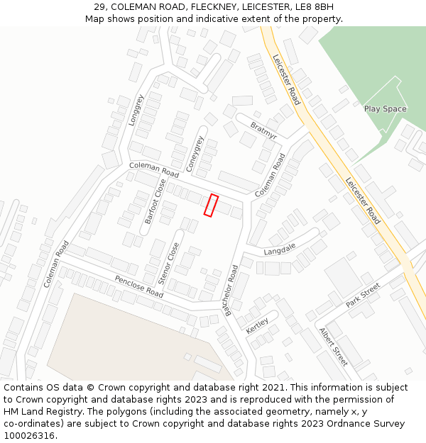 29, COLEMAN ROAD, FLECKNEY, LEICESTER, LE8 8BH: Location map and indicative extent of plot