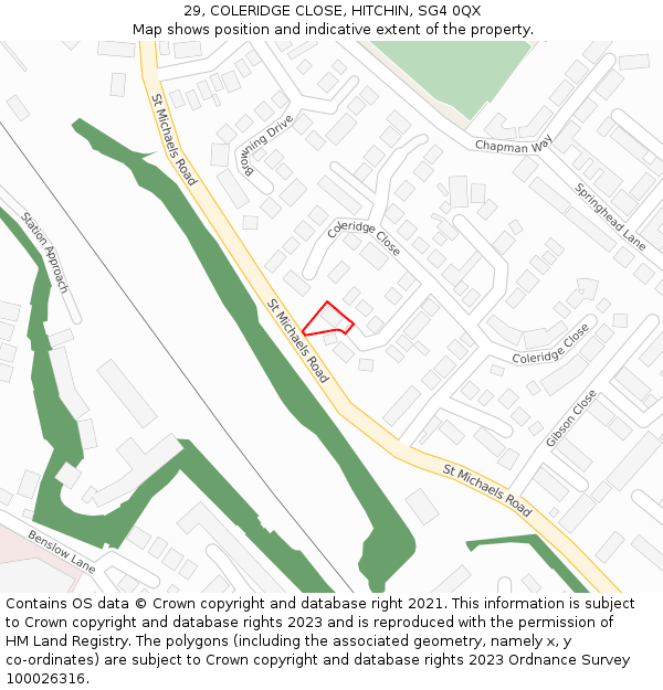 29, COLERIDGE CLOSE, HITCHIN, SG4 0QX: Location map and indicative extent of plot