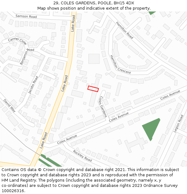 29, COLES GARDENS, POOLE, BH15 4DX: Location map and indicative extent of plot