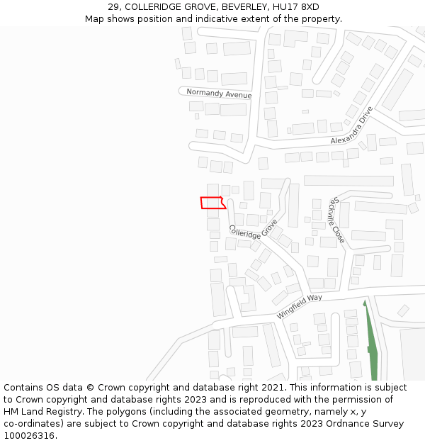 29, COLLERIDGE GROVE, BEVERLEY, HU17 8XD: Location map and indicative extent of plot