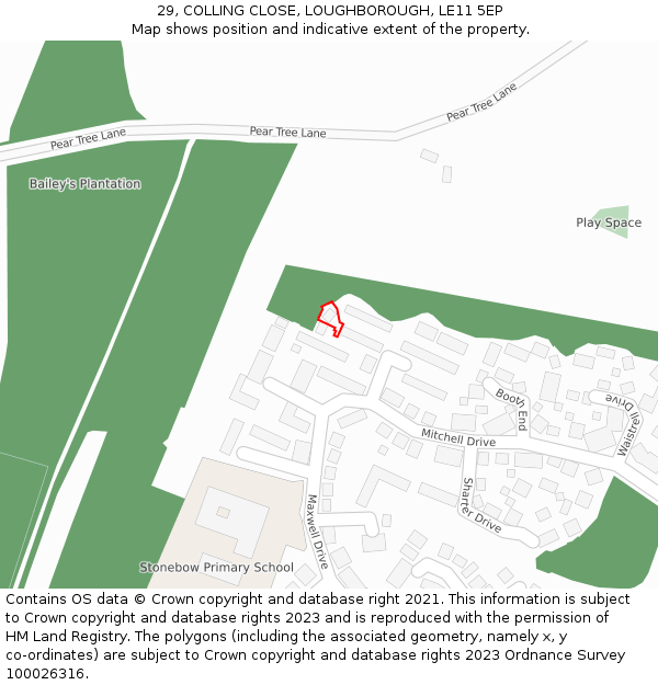 29, COLLING CLOSE, LOUGHBOROUGH, LE11 5EP: Location map and indicative extent of plot