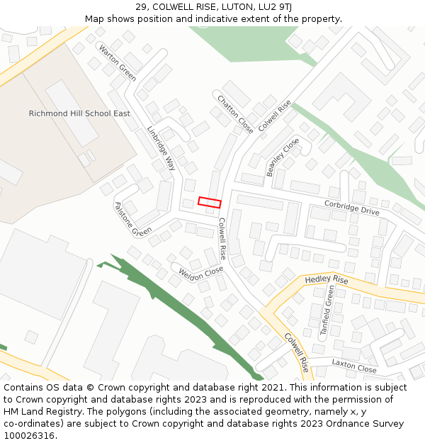 29, COLWELL RISE, LUTON, LU2 9TJ: Location map and indicative extent of plot