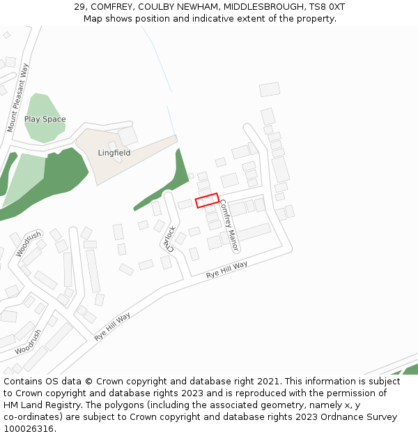 29, COMFREY, COULBY NEWHAM, MIDDLESBROUGH, TS8 0XT: Location map and indicative extent of plot