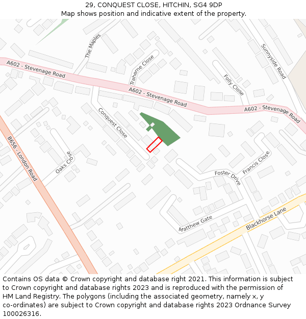 29, CONQUEST CLOSE, HITCHIN, SG4 9DP: Location map and indicative extent of plot
