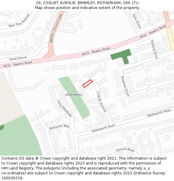 29, COQUET AVENUE, BRAMLEY, ROTHERHAM, S66 1TU: Location map and indicative extent of plot