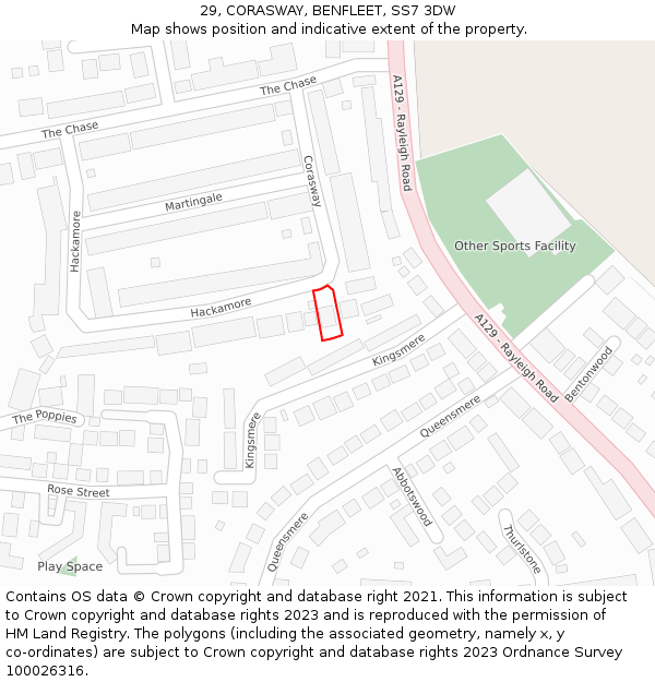 29, CORASWAY, BENFLEET, SS7 3DW: Location map and indicative extent of plot