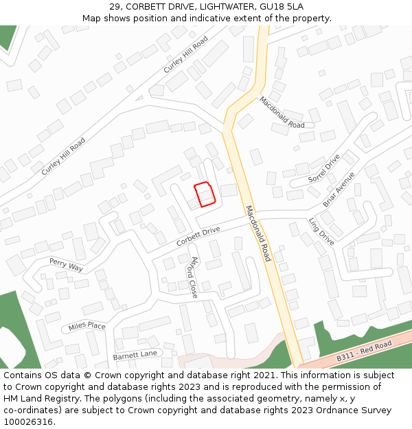 29, CORBETT DRIVE, LIGHTWATER, GU18 5LA: Location map and indicative extent of plot