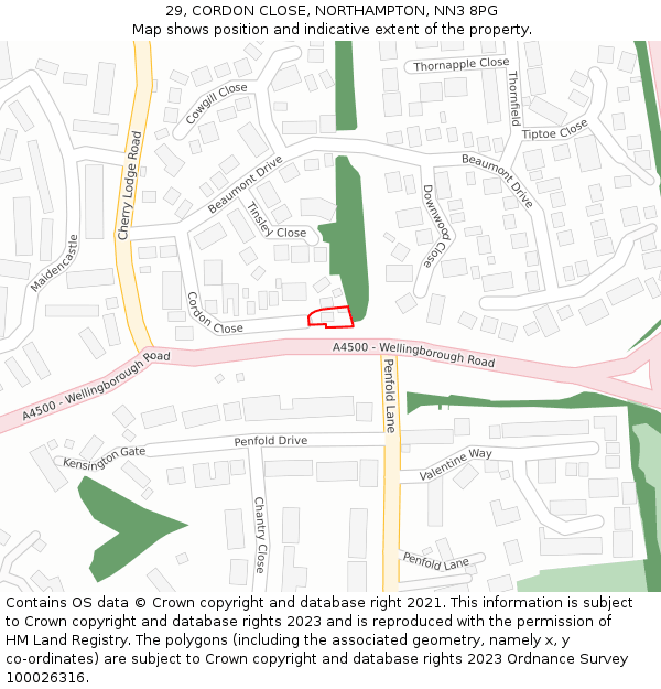 29, CORDON CLOSE, NORTHAMPTON, NN3 8PG: Location map and indicative extent of plot