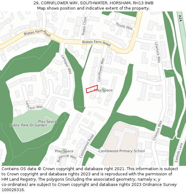 29, CORNFLOWER WAY, SOUTHWATER, HORSHAM, RH13 9WB: Location map and indicative extent of plot