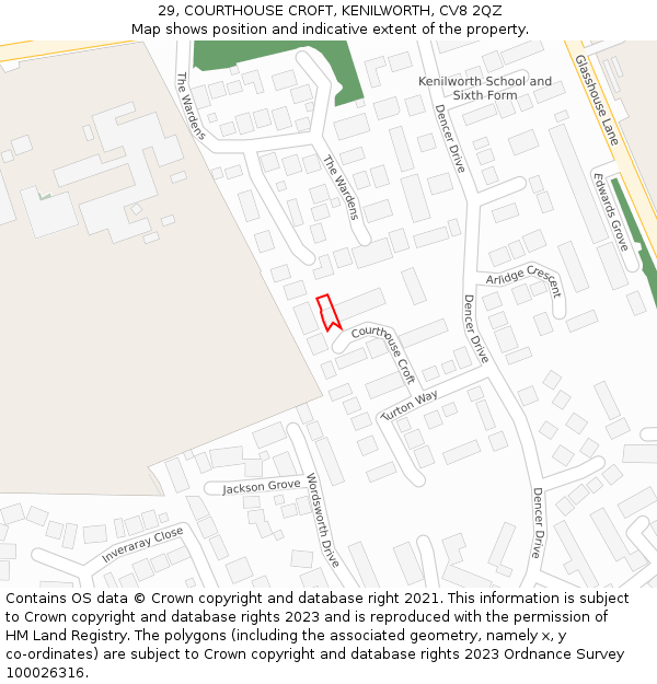 29, COURTHOUSE CROFT, KENILWORTH, CV8 2QZ: Location map and indicative extent of plot