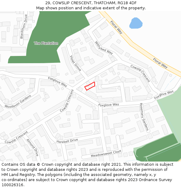 29, COWSLIP CRESCENT, THATCHAM, RG18 4DF: Location map and indicative extent of plot