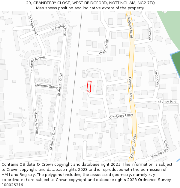 29, CRANBERRY CLOSE, WEST BRIDGFORD, NOTTINGHAM, NG2 7TQ: Location map and indicative extent of plot